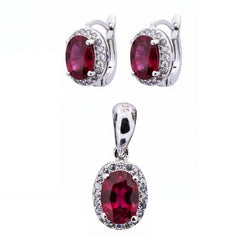 Juego Piedras Preciosas Rubí Aretes y Dije Ovalados, Plata .925 con Baño de Rodio