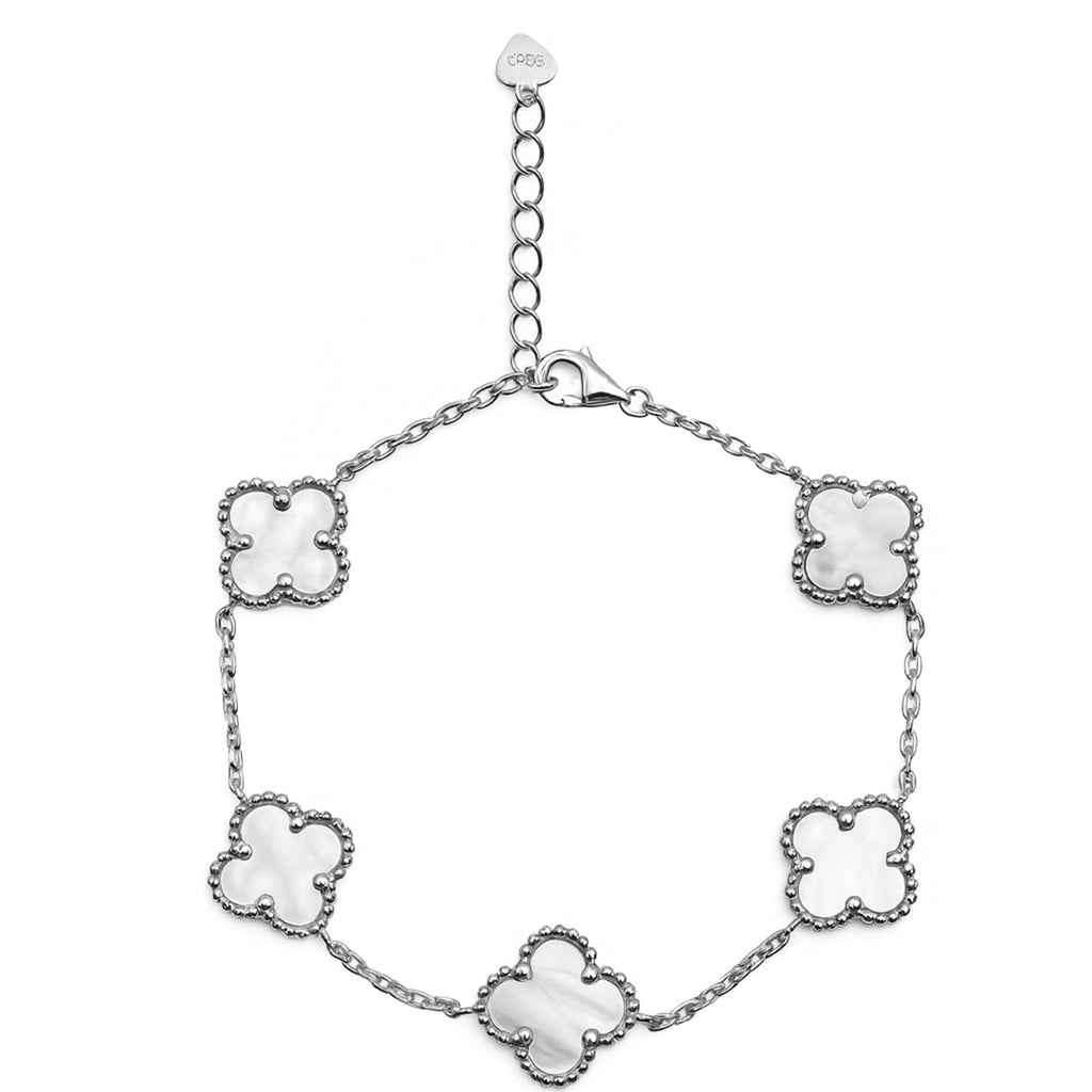 Pulsera 5 Flores Mediana Inspirada en Van C Madre Perla Plata .925 con Baño de Rodio