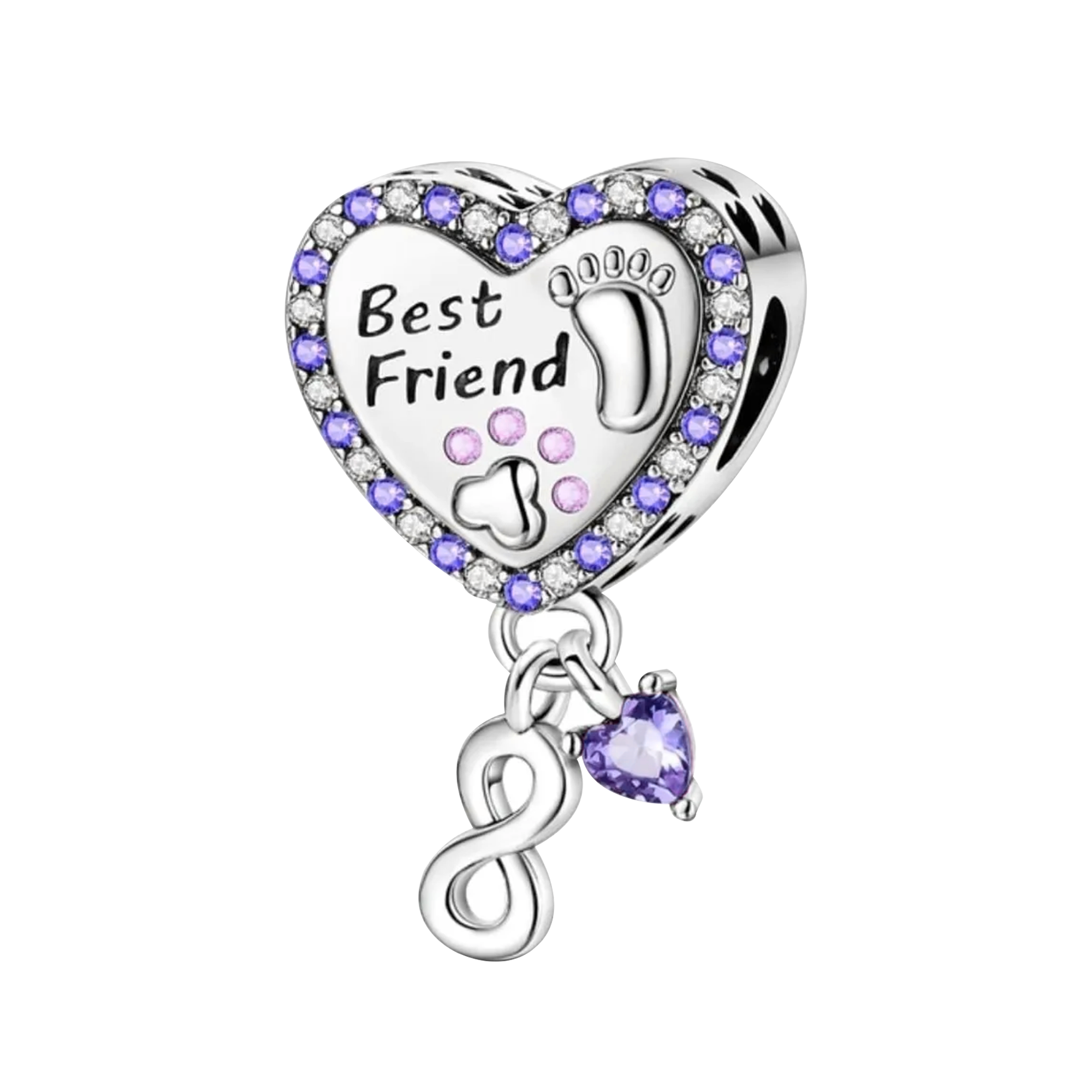 Charm Inspirado Pan 1:1 Corazón Best Friend Huellitas y Micro Circonias Plata .925