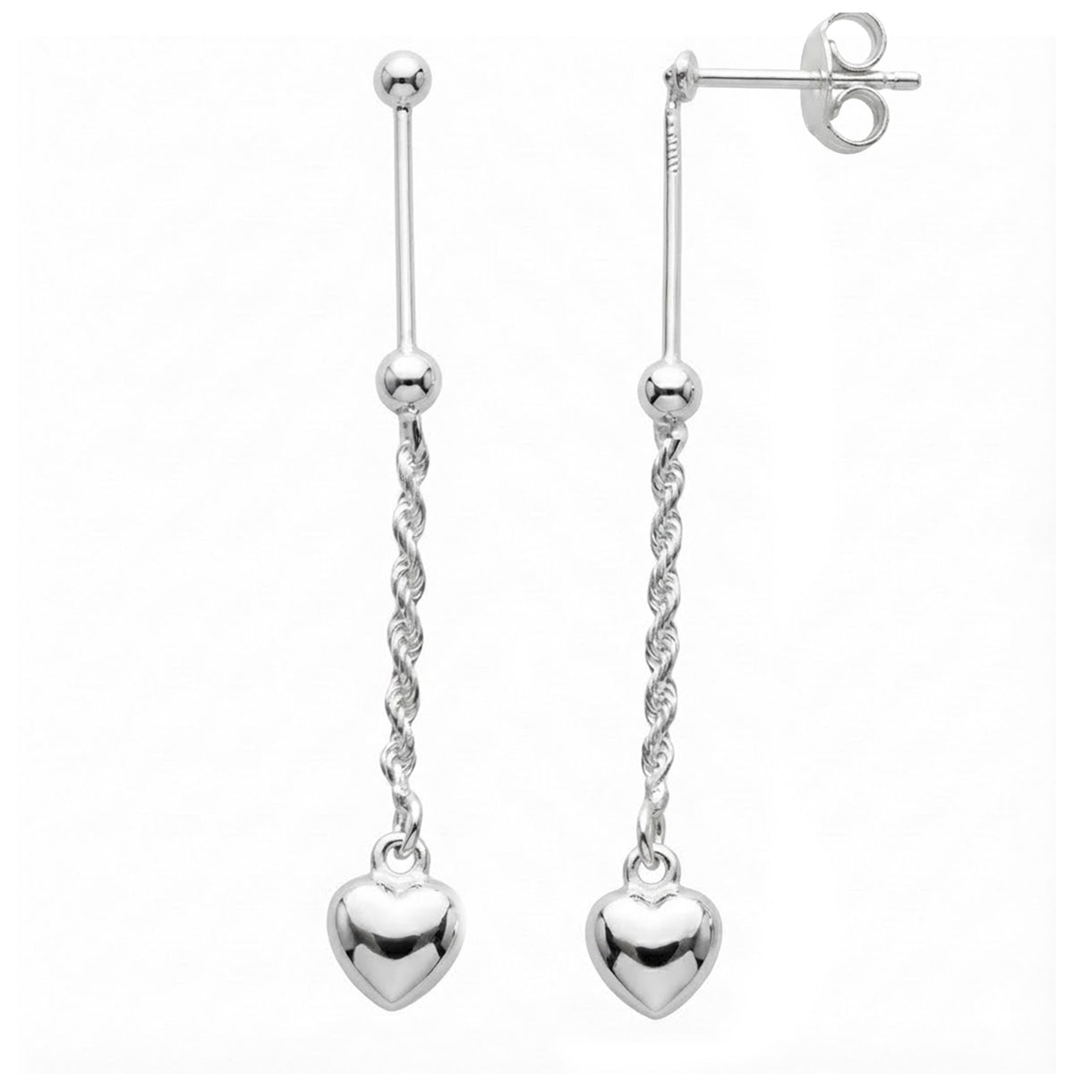 Arete Largo con Corazón y Cadena Trenzada, Plata .925