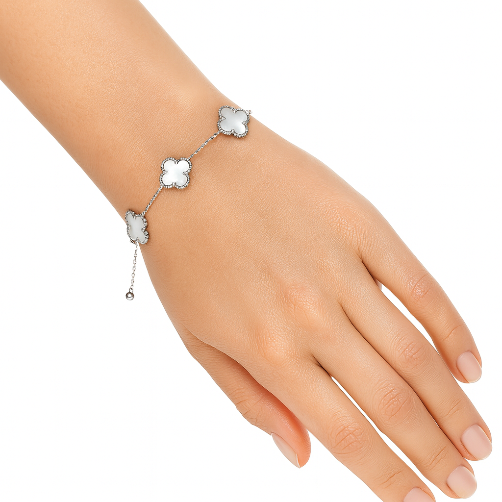 Pulsera Flor Inspirada Van C Madre Perla Plata .925 con Rodio