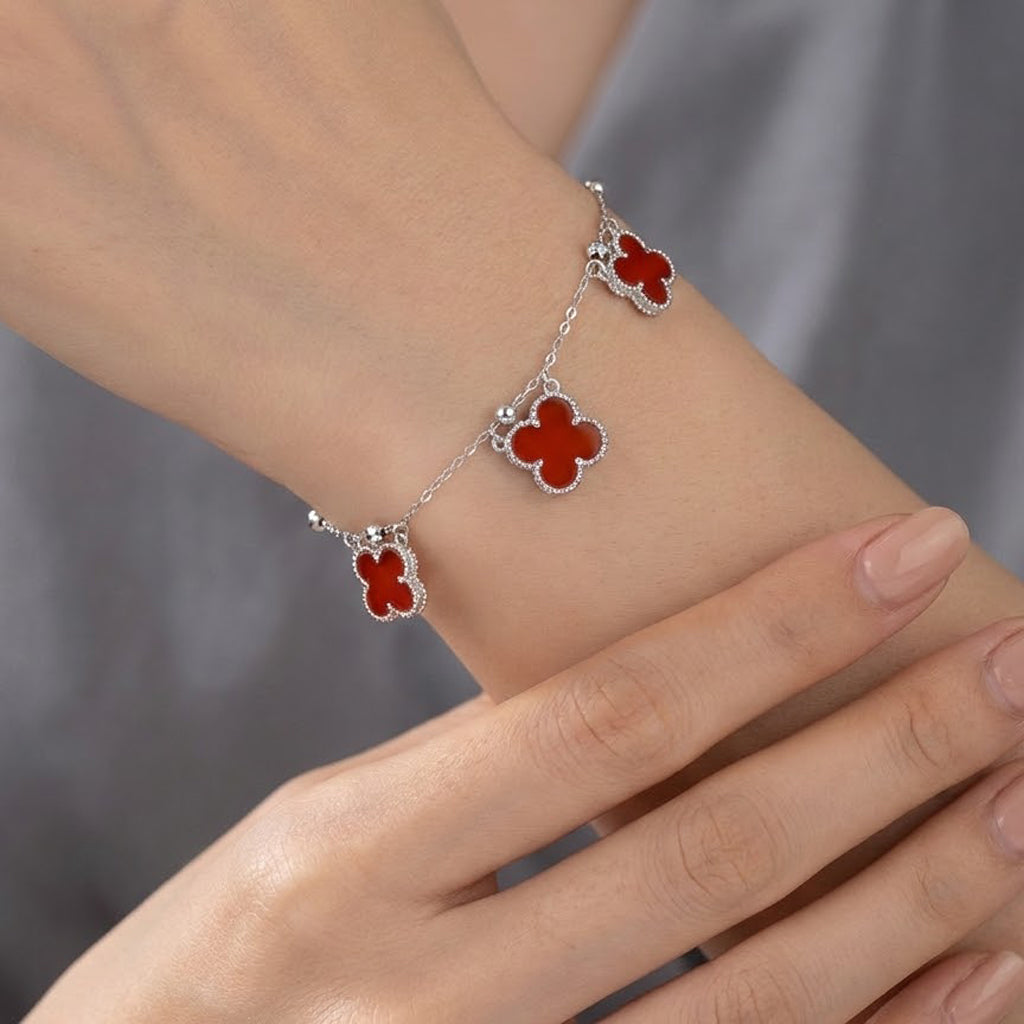 Pulsera 3 Flores Colgantes Inspirada Van C Piedras Naturales Plata .925 con Baño de Rodio