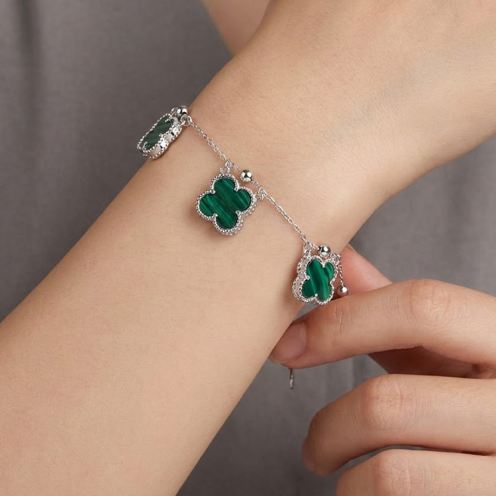 Pulsera 3 Flores Colgantes Inspirada Van C Piedras Naturales Plata .925 con Baño de Rodio