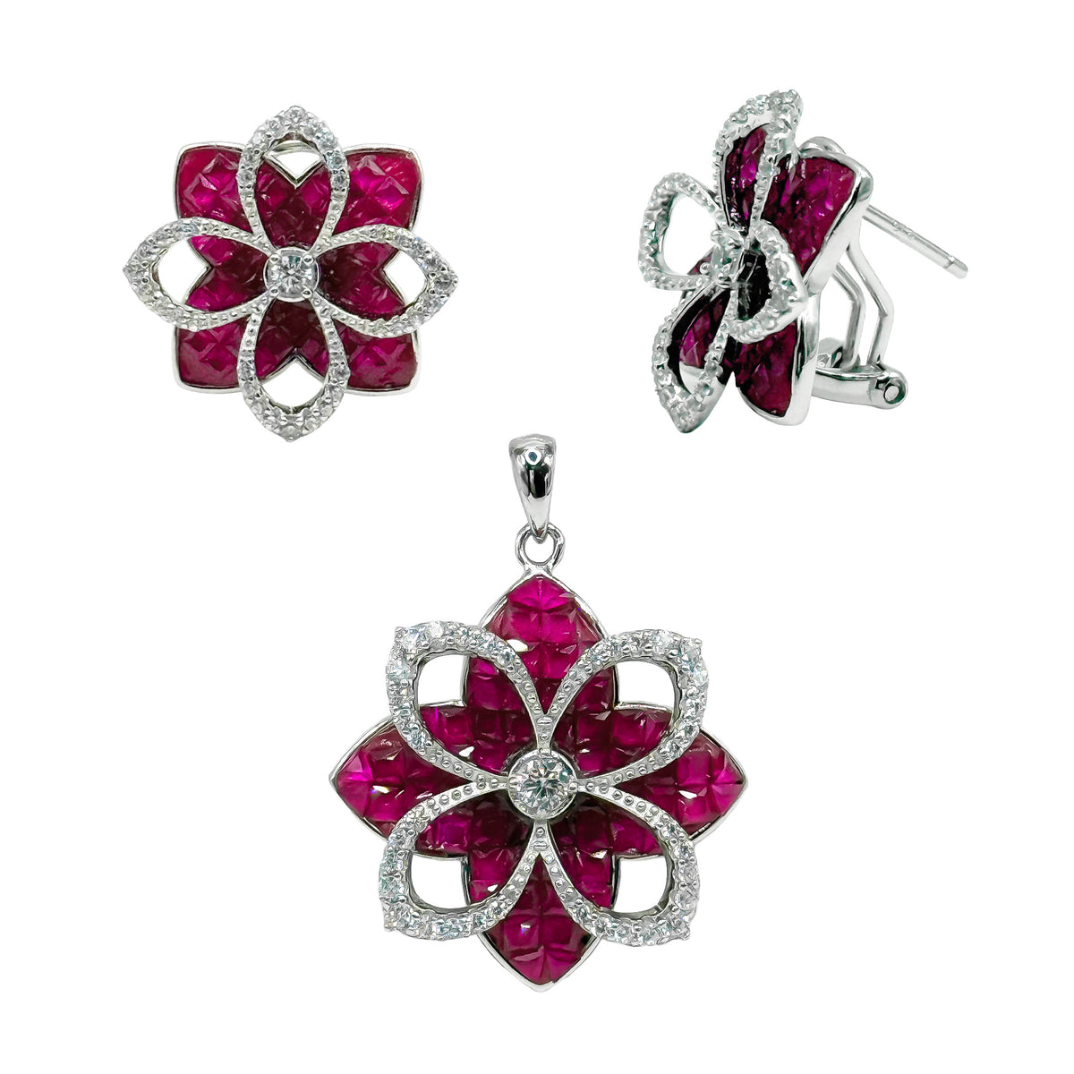 Juego Doble Flor con Micro Circonias Plata .925