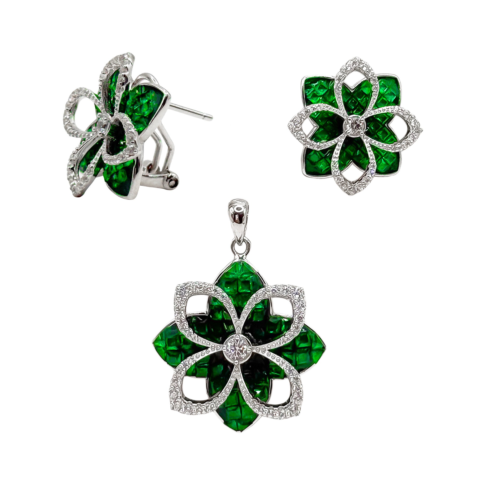 Juego Doble Flor con Micro Circonias Plata .925