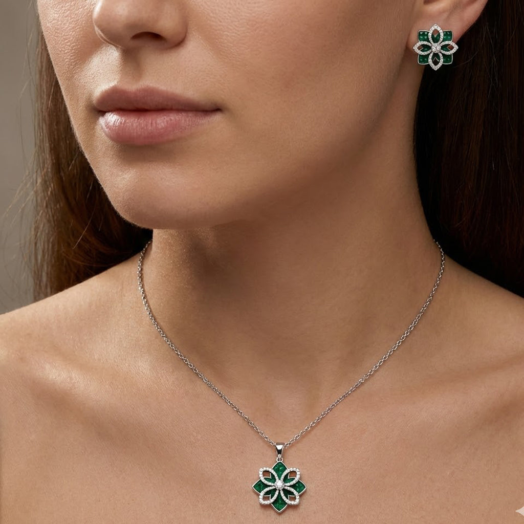 Juego Doble Flor con Micro Circonias Plata .925