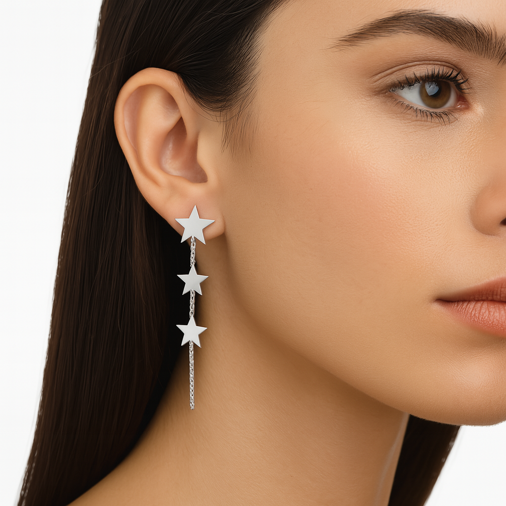 Arete Largo con Estrellas Lisas y Cadena Cubana Hecho a Mano Plata .925