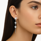 Arete Largo con Estrellas Lisas y Cadena Cubana Hecho a Mano Plata .925
