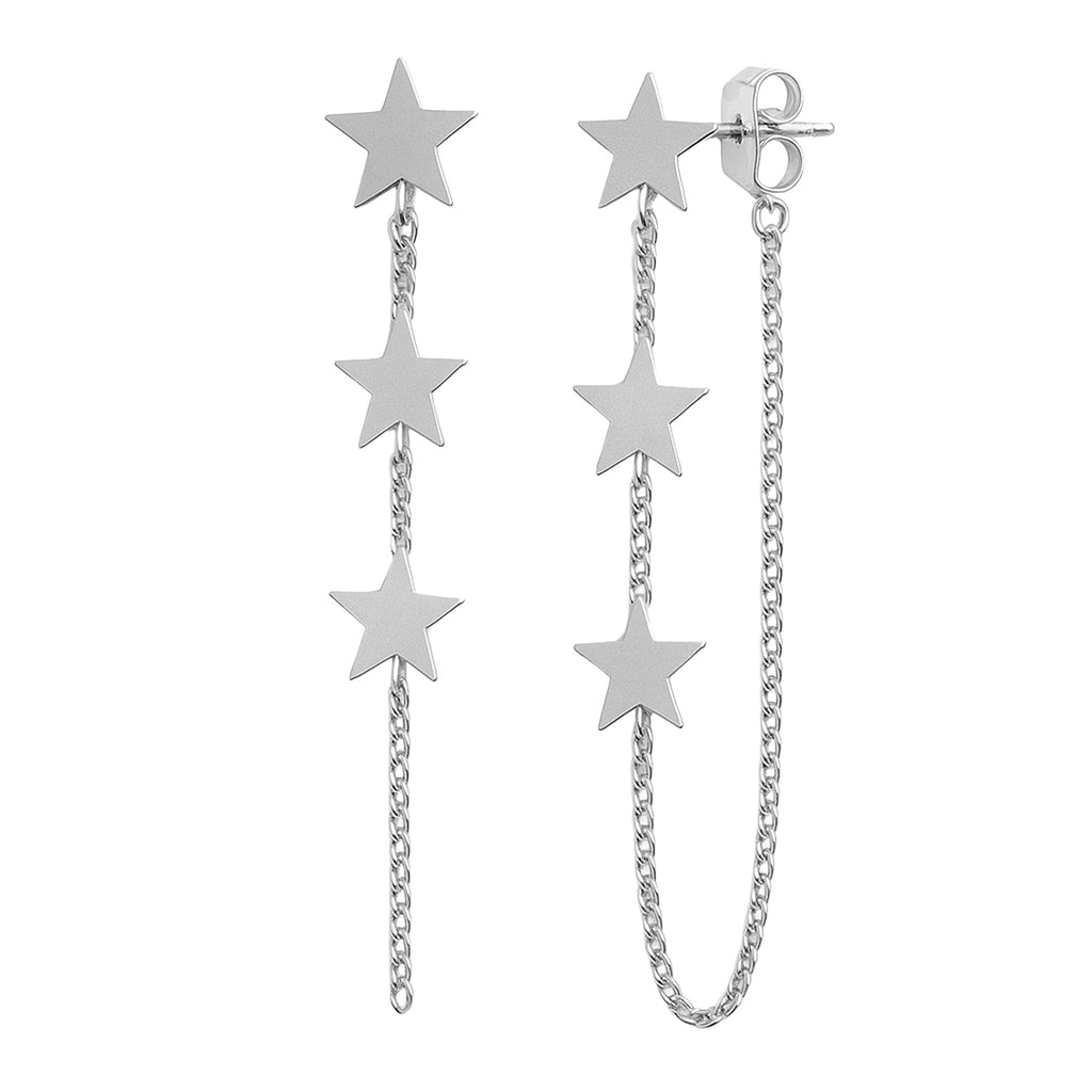 Arete Largo con Estrellas Lisas y Cadena Cubana Hecho a Mano Plata .925