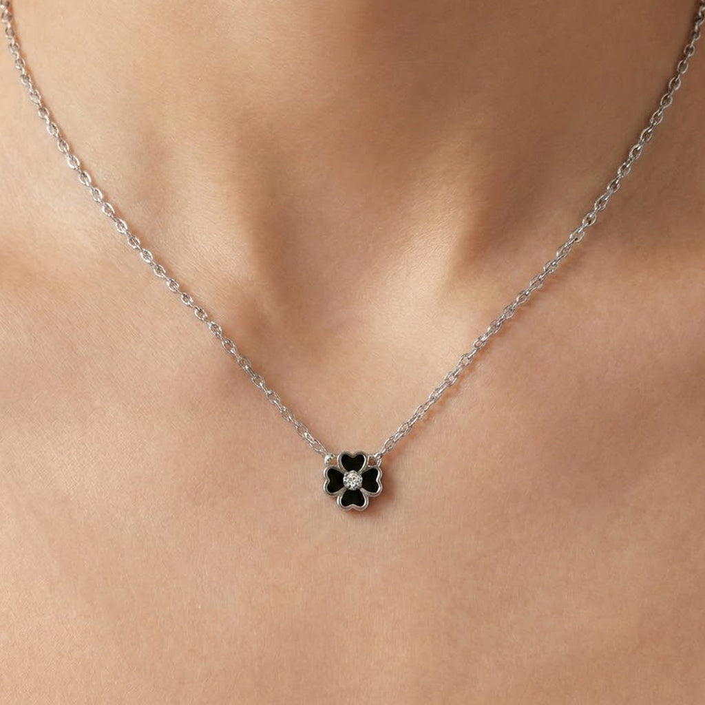 Collar Trebol con Circonia Piedras Naturales Plata .925 con Rodio