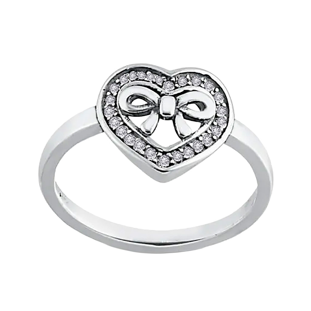 Anillo Inspirado Pan 1.1 Corazón con Moño y Micro Circonias Plata .925