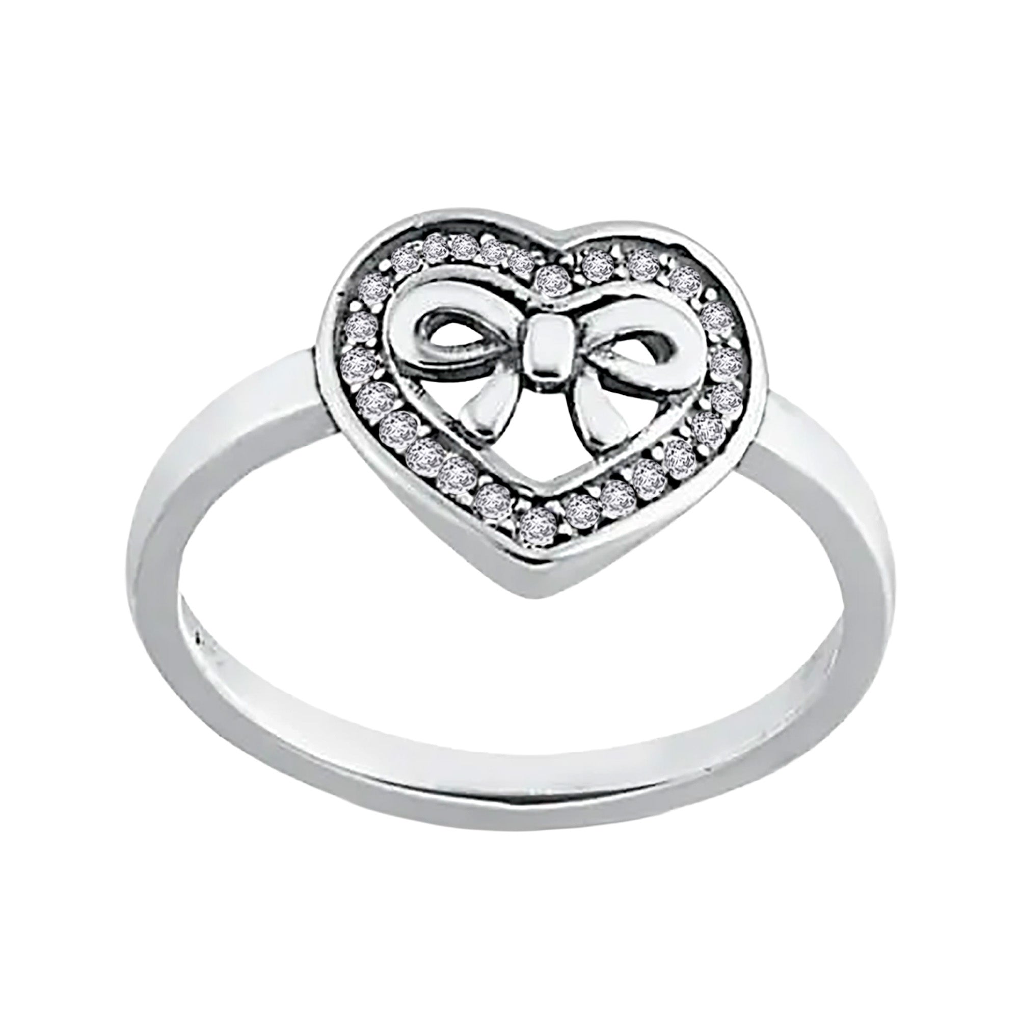 Anillo Inspirado Pan 1.1 Corazón con Moño y Micro Circonias Plata .925