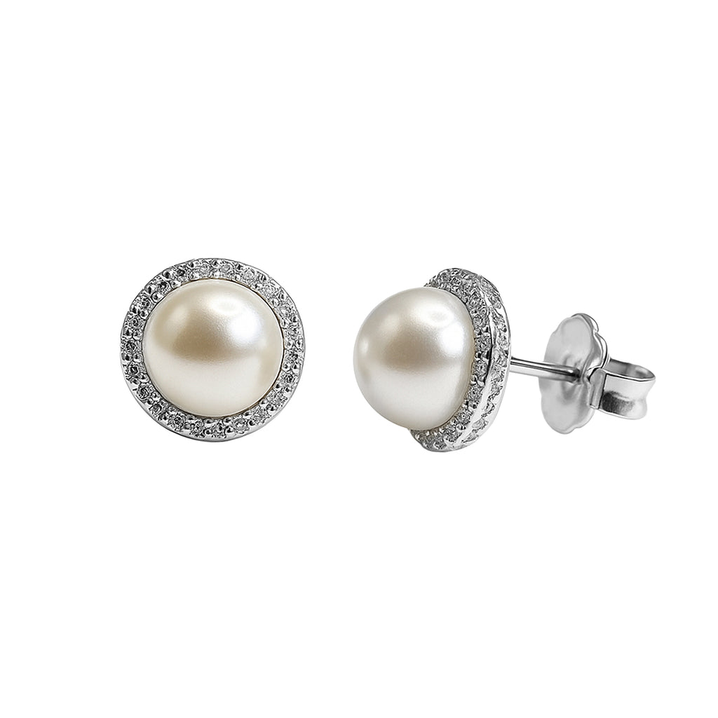 Arete Broquel Perla Cristal con Circonias Plata .925