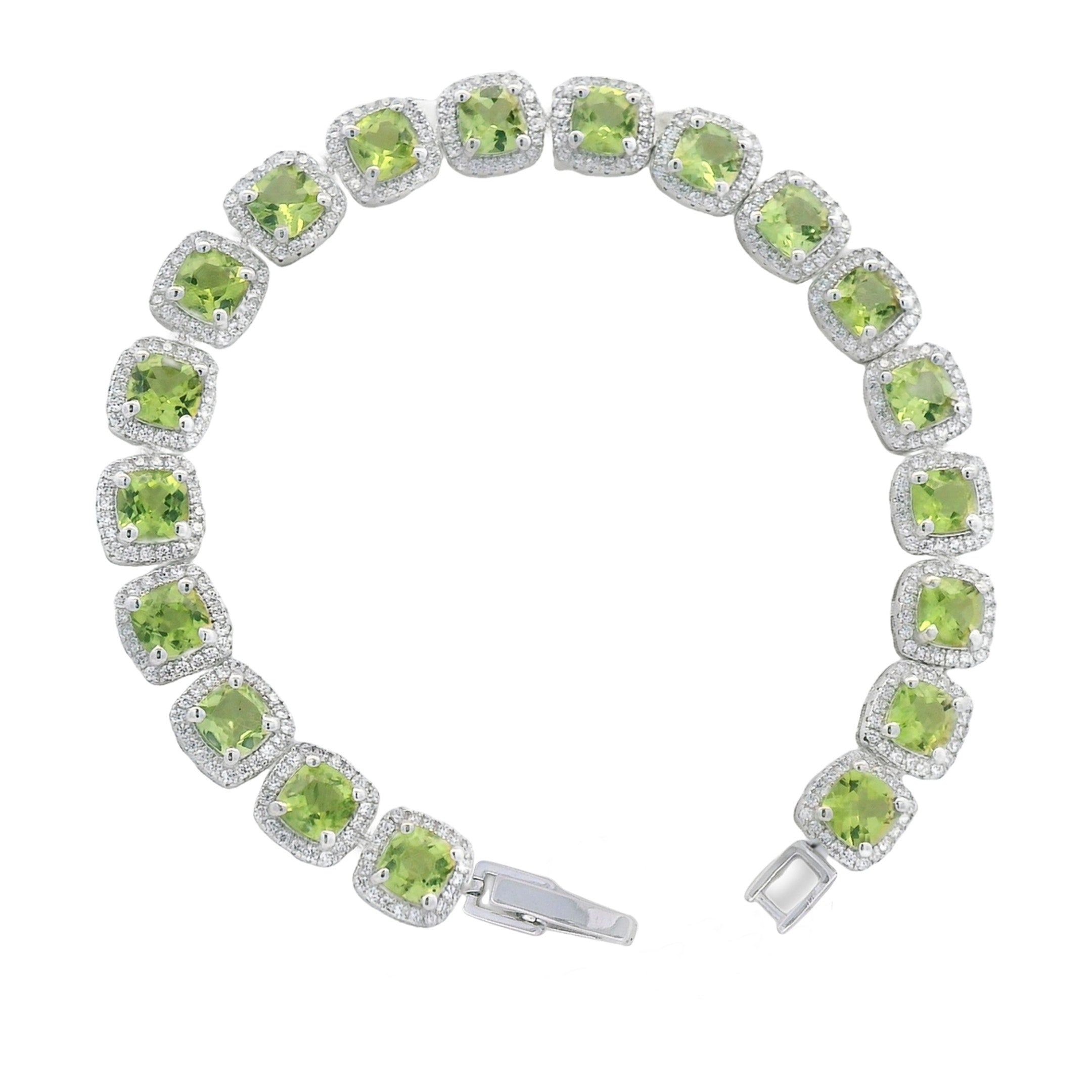 Pulsera Piedras Preciosas Peridoto Cuadrado con Circonias y Broche Plata .925 con Baño de Rodio