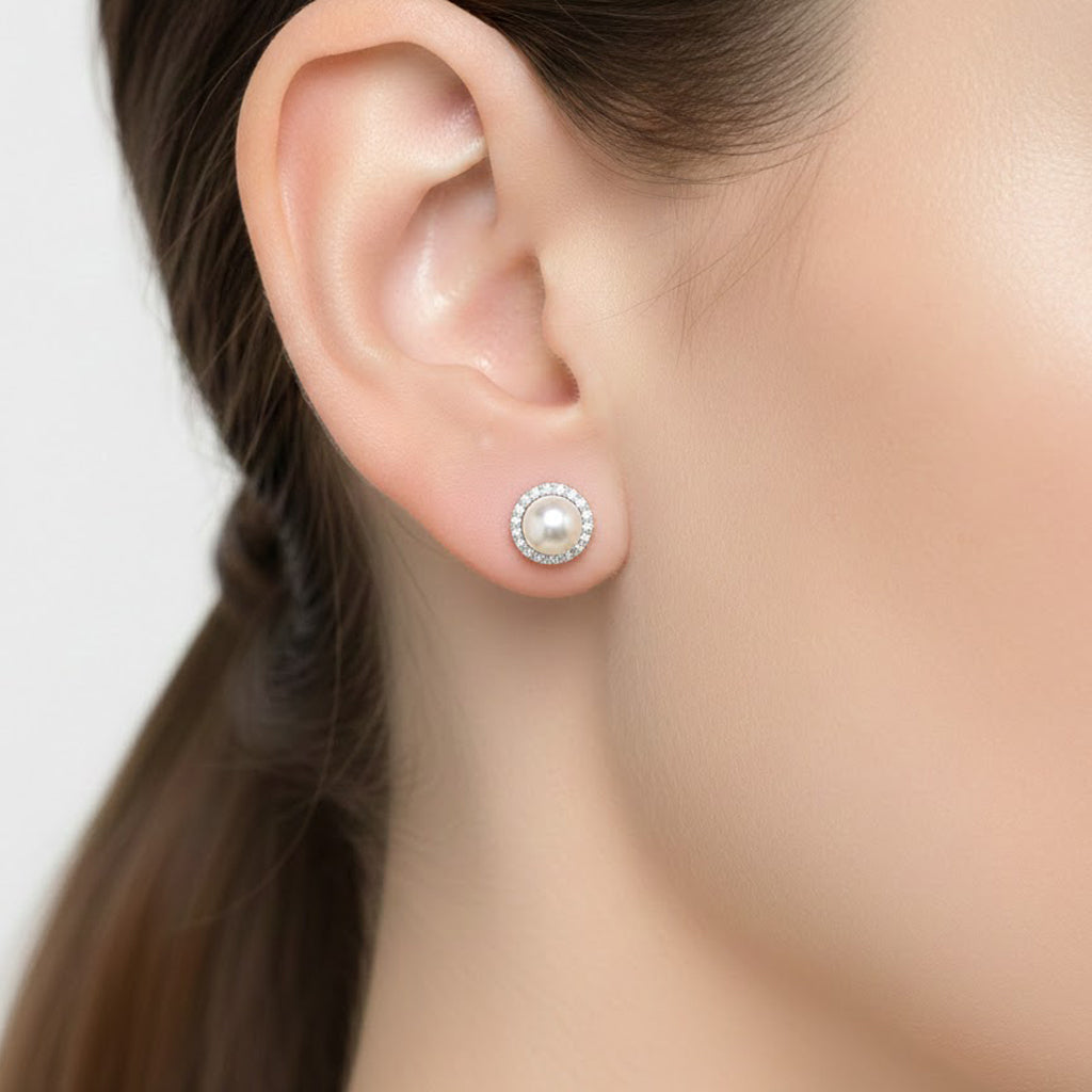 Arete Broquel Perla Cristal con Circonias Plata .925