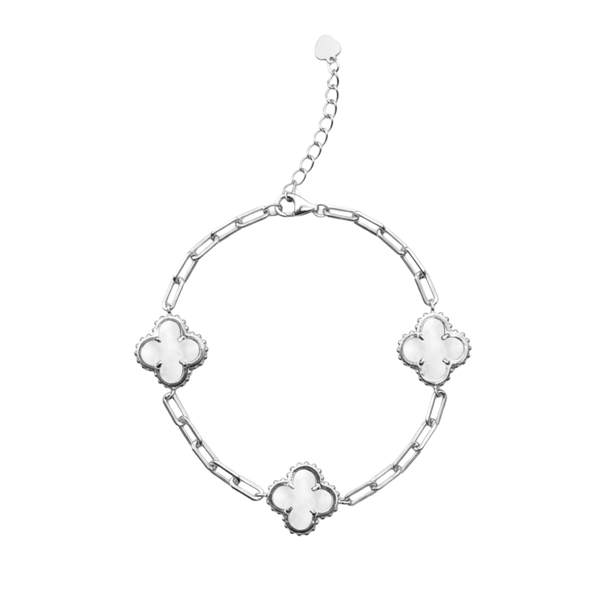 Pulsera Flor Inspirada Van con Cadena Paper y Clip Grande, Plata .925 con Baño de Rodio