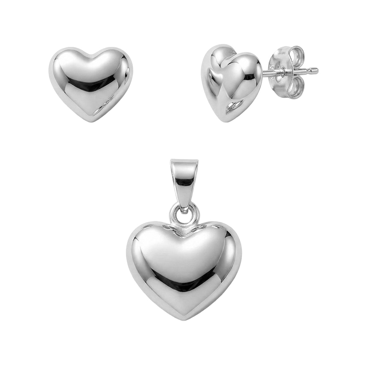 Juego Corazón Bombeado Grande Plata .925