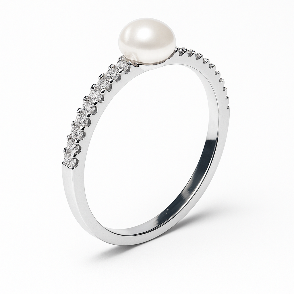 Anillo Perla Natural y Micro Circonias Plata .925 con Baño de Rodio