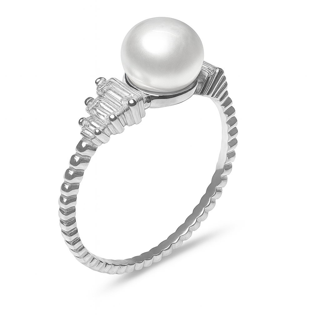 Anillo Perla Natural y Circonias Baguette Plata .925 con Baño de Rodio