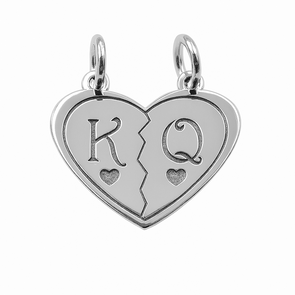 Dije Duo Corazón Partido con Iniciales K & Q Plata .925