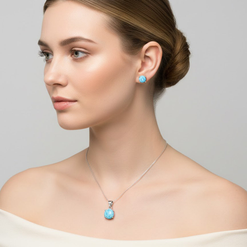 Juego Piedra Ópalo Azul Plata .925 con Rodio