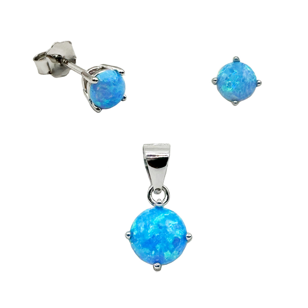 Juego Piedra Ópalo Azul Plata .925 con Baño de Rodio