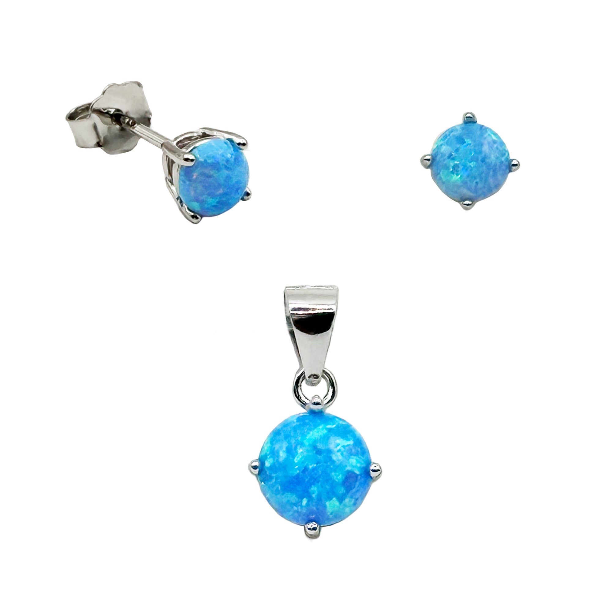 Juego Piedra Ópalo Azul Plata .925 con Baño de Rodio