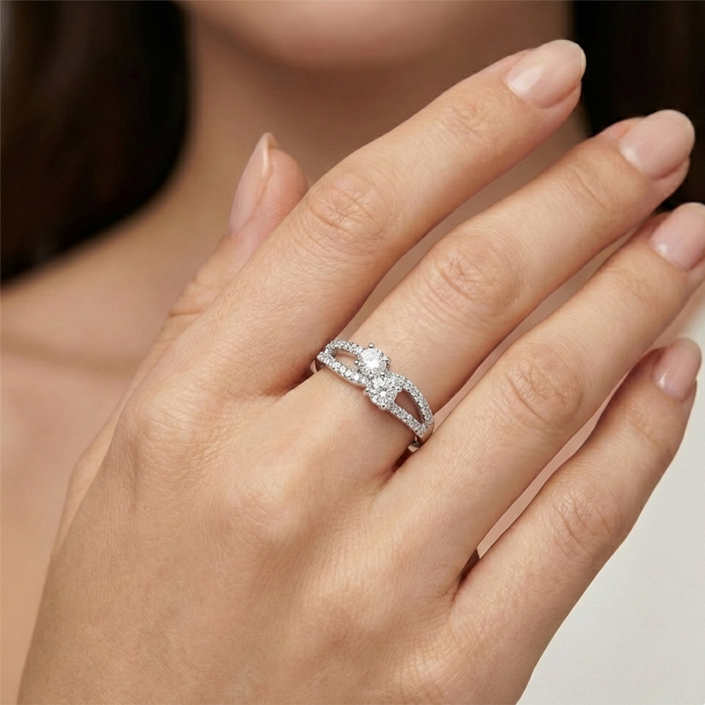 Anillo Doble Circonia con Multi Circonias Plata .925 con Baño de Rodio
