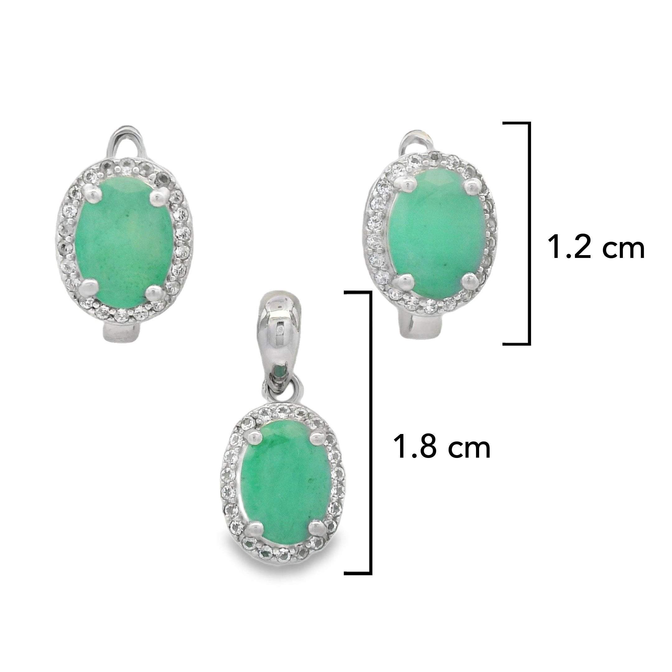 Juego Piedra Preciosa Dije y Aretes Ovaladas Esmeralda, Plata .925 con Baño de Rodio