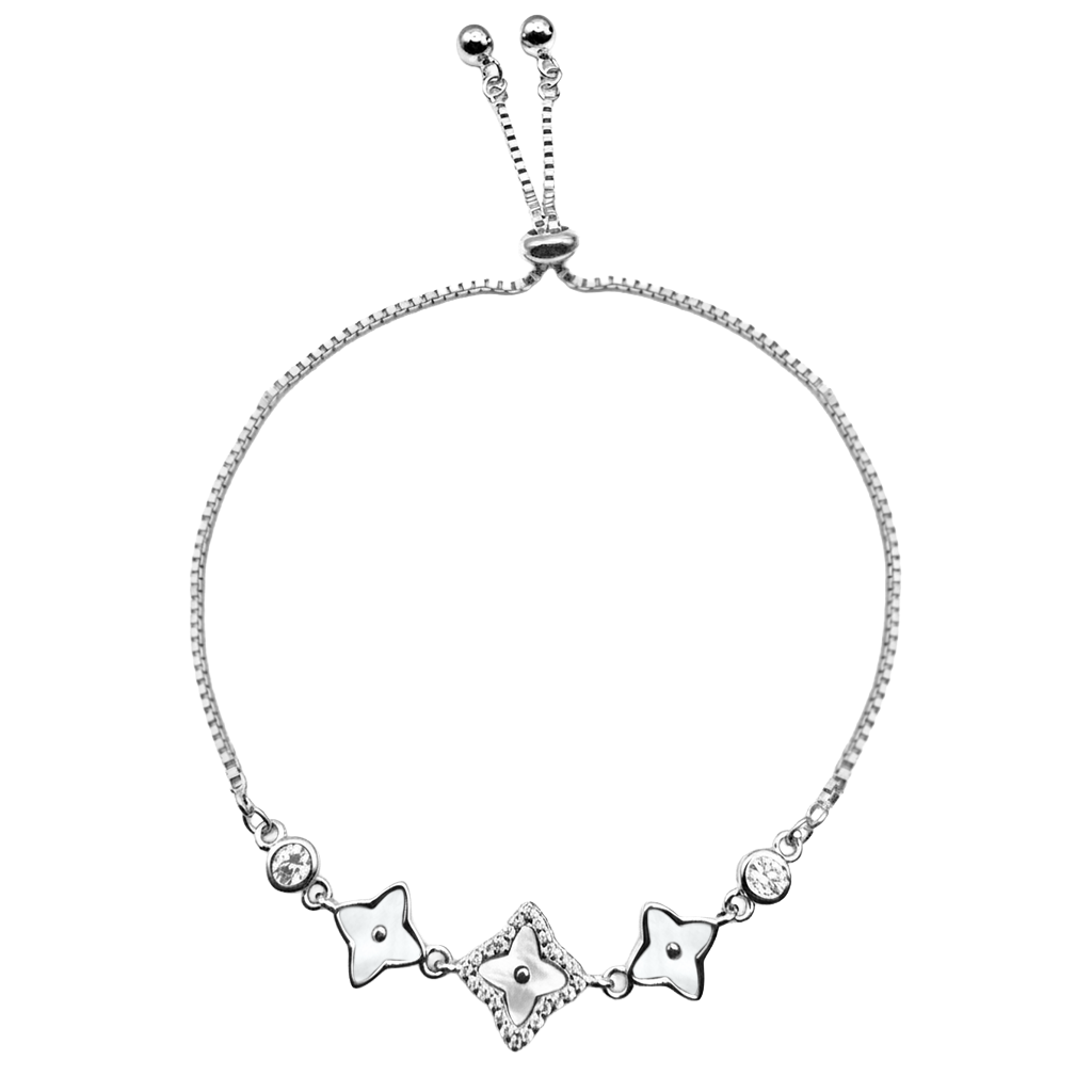 Pulsera Flor Inspirada LV con Madre Perla y Micro Circonias Plata .925 con Baño de Rodio