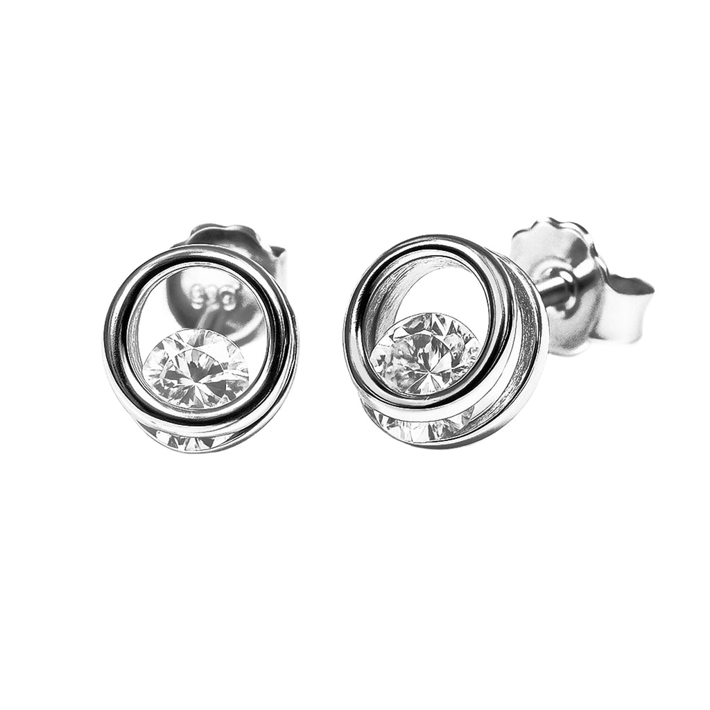 Arete Broquel Doble Circulo con Circonia Plata .925 con Baño de Rodio