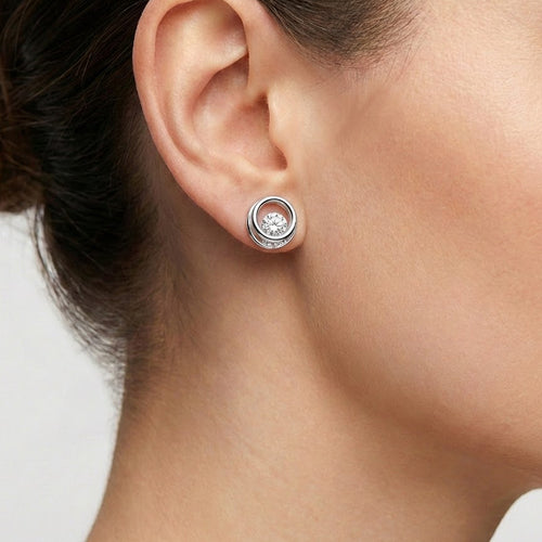 Arete Broquel Doble Circulo con Circonia Plata .925 con Baño de Rodio