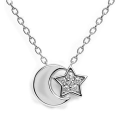 Collar 2 Dijes Estrella con Micro Circonias y Luna Lisa Plata .925 con Rodio