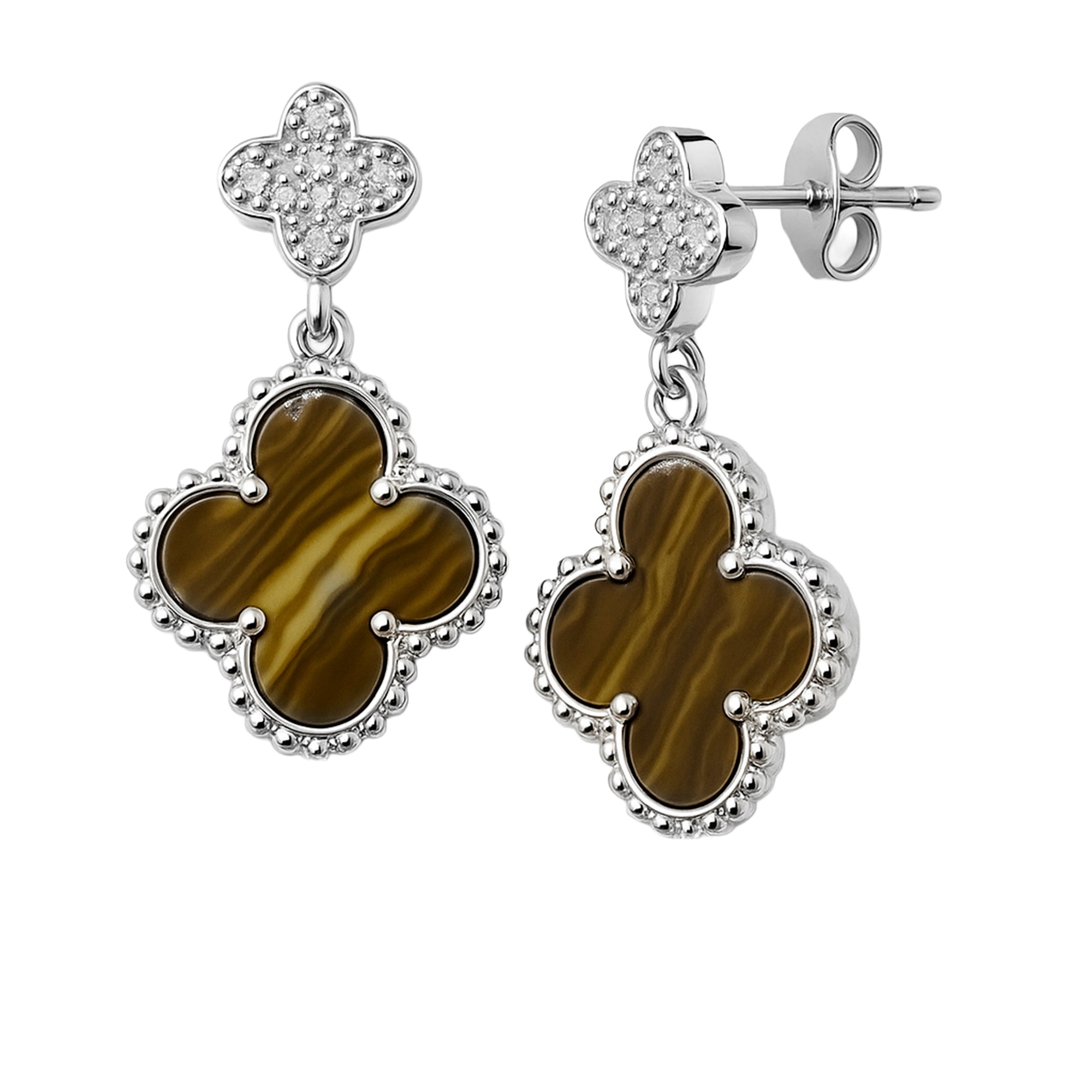 Arete Flor Mediano Inspirado Van C Diamantado con Piedras Naturales Plata .925 con Baño de Rodio
