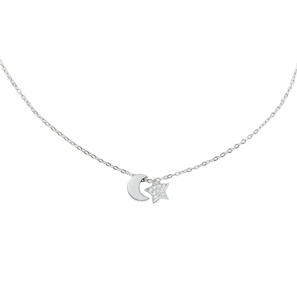 Collar 2 Dijes Estrella con Micro Circonias y Luna Lisa Plata .925 con Baño de Rodio