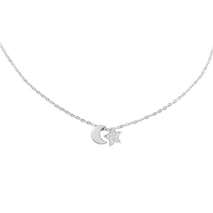 Collar 2 Dijes Estrella con Micro Circonias y Luna Lisa Plata .925 con Baño de Rodio
