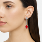 Arete Flor Largo Inspirado Van C con Micro Circonias y Piedra Natural Plata .925 con Baño de Rodio