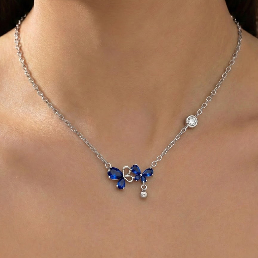 Collar Mariposas con Circonias con Bolita Lisa Plata .925 con Baño de Rodio