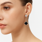 Arete Flor Largo Inspirado Van C con Micro Circonias y Piedra Natural Plata .925 con Baño de Rodio