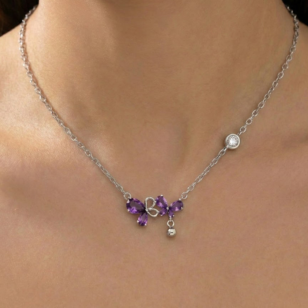 Collar Mariposas con Circonias con Bolita Lisa Plata .925 con Baño de Rodio