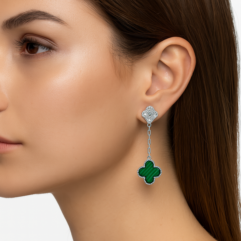 Arete Flor Largo Inspirado Van C con Micro Circonias y Piedra Natural Plata .925 con Baño de Rodio