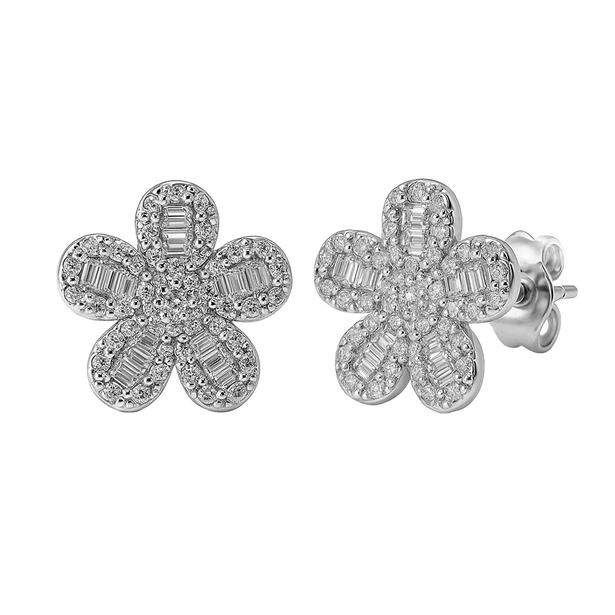 Arete Broquel Flor con Circonias Plata .925 con Baño de Rodio