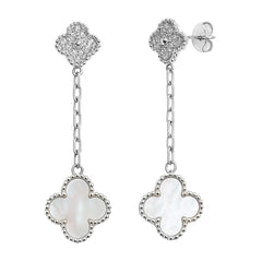 Arete Flor Largo Inspirado Van C con Micro Circonias y Madre Perla, Plata .925 con Baño de Rodio