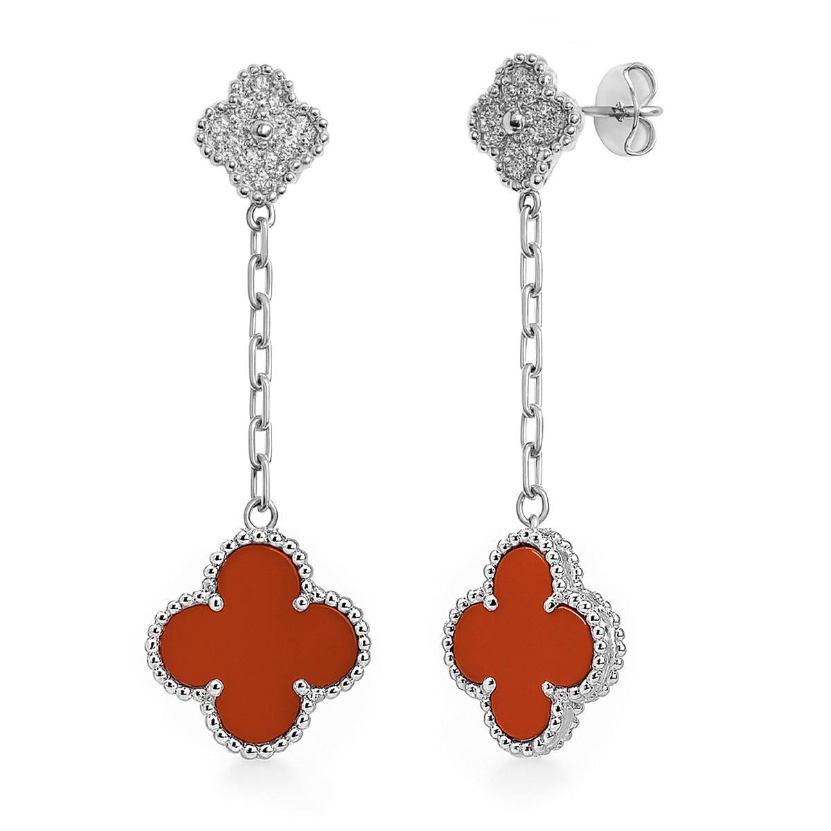 Arete Flor Largo Inspirado Van C con Micro Circonias y Piedra Natural Plata .925 con Baño de Rodio