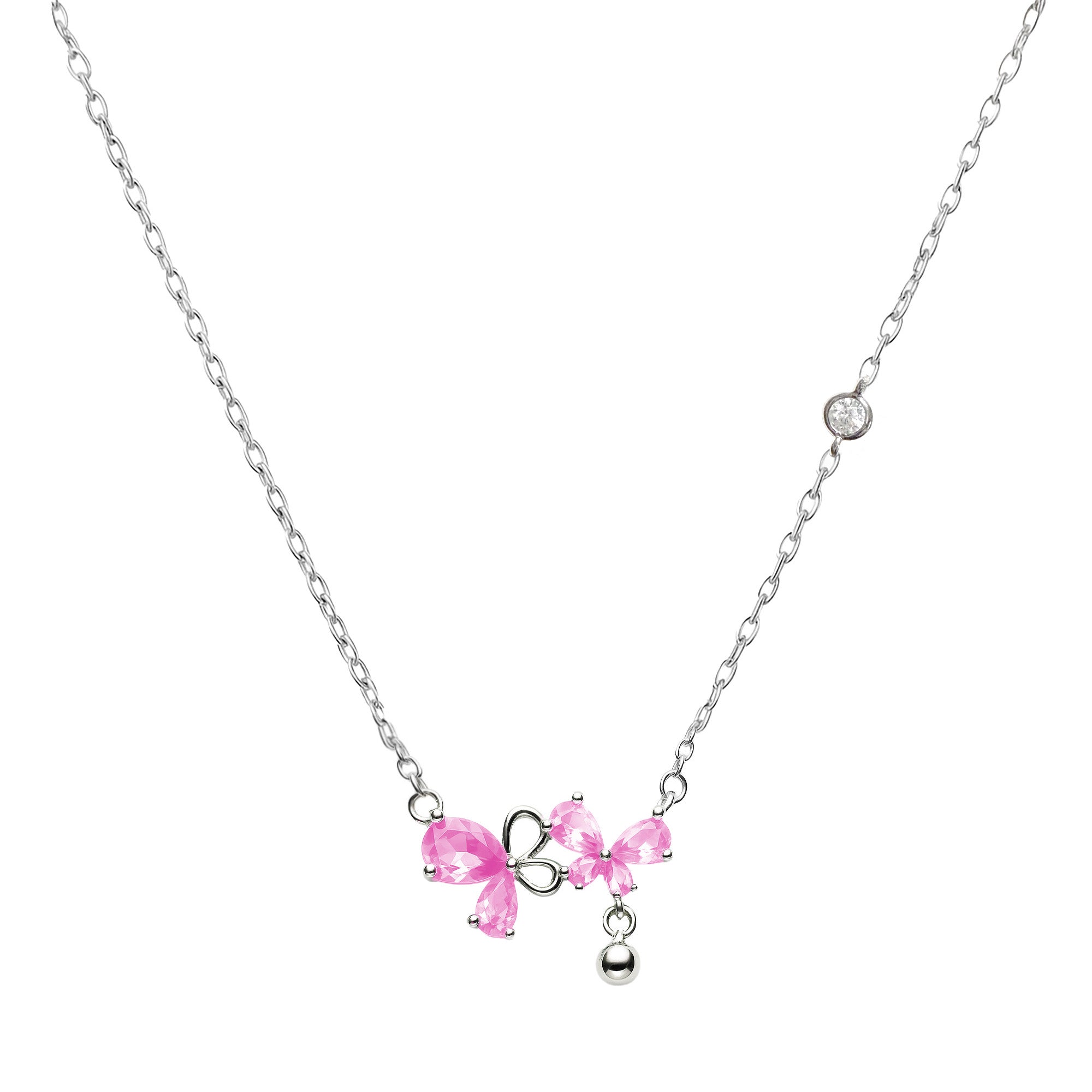 Collar Mariposas con Circonias con Bolita Lisa Plata .925 con Baño de Rodio