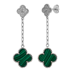 Arete Flor Largo Inspirado Van C con Micro Circonias y Malaquita Verde, Plata .925 con Baño de Rodio