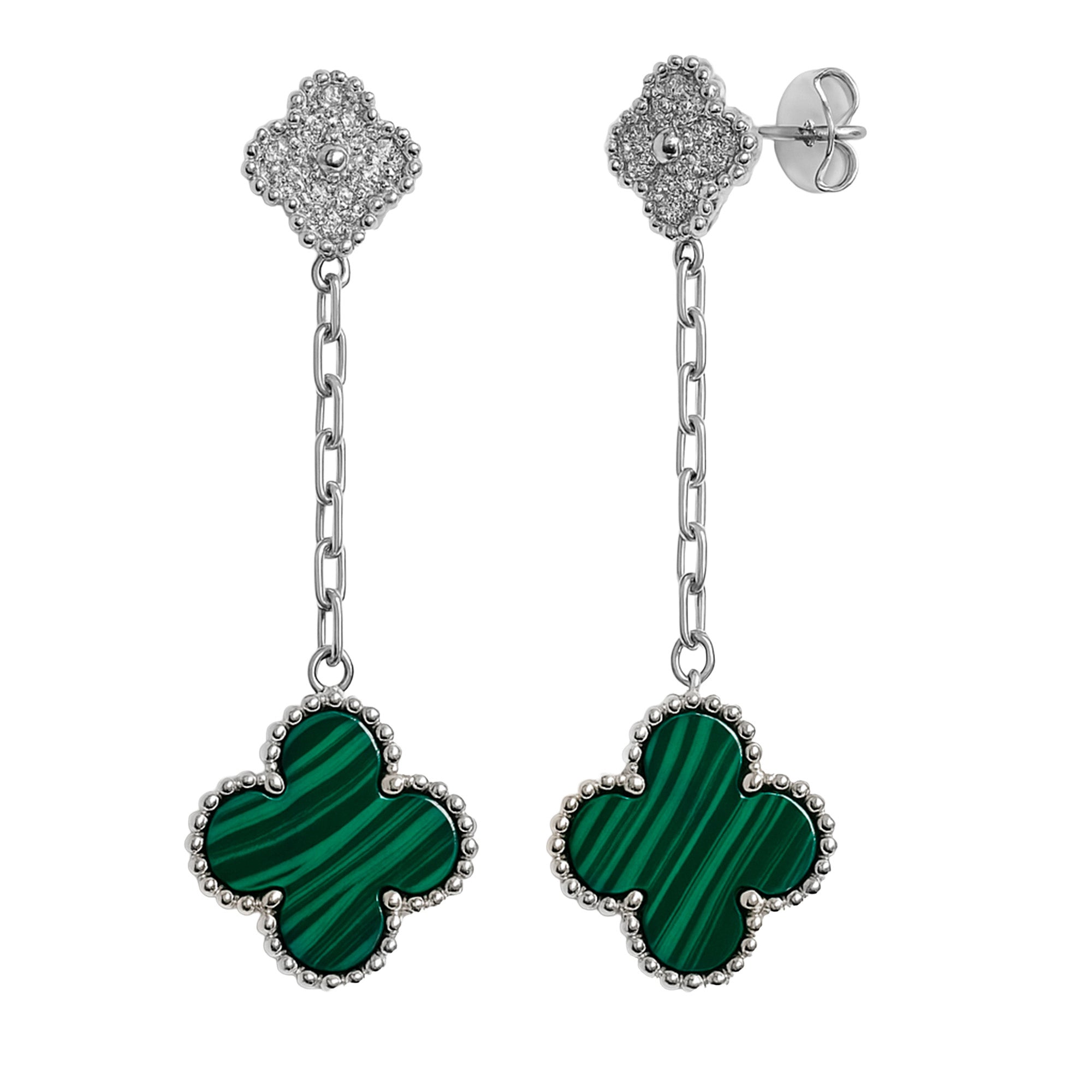 Arete Flor Largo Inspirado Van C con Micro Circonias y Piedra Natural Plata .925 con Baño de Rodio