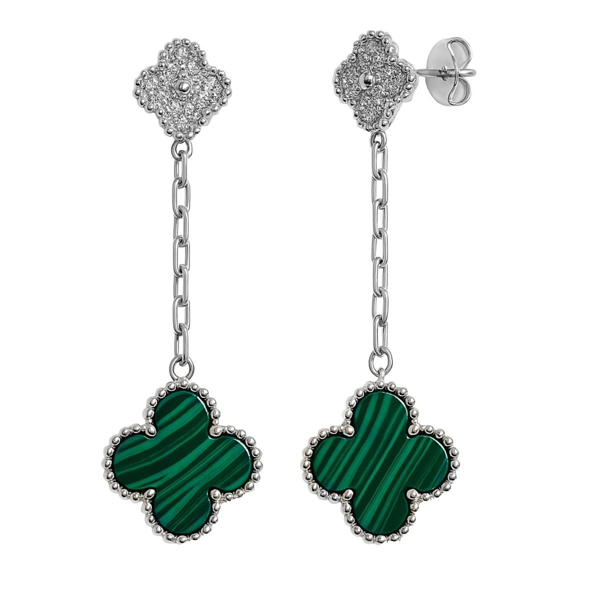 Arete Flor Largo Inspirado Van C con Micro Circonias y Piedra Natural Plata .925 con Rodio