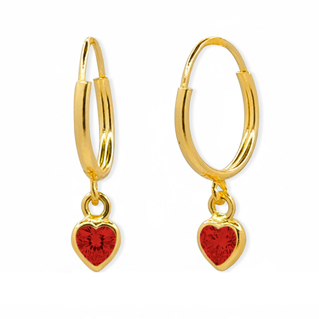 Arracada Circonia Corazón Rojo Colgante 1.5cm Oro 10K