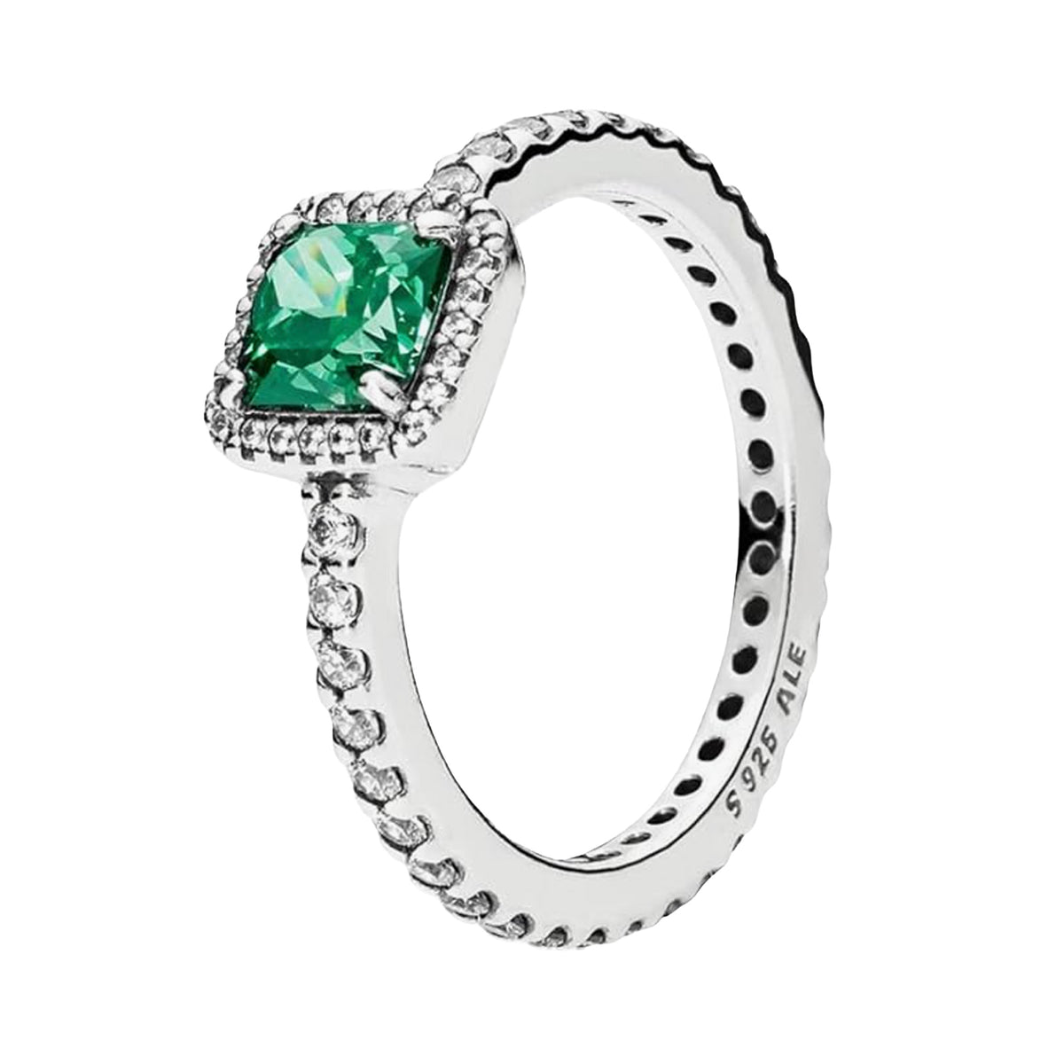 Anillo Inspirado Pan 1:1 Circonia Cuadrada Verde con Micro Circonias, Plata .925